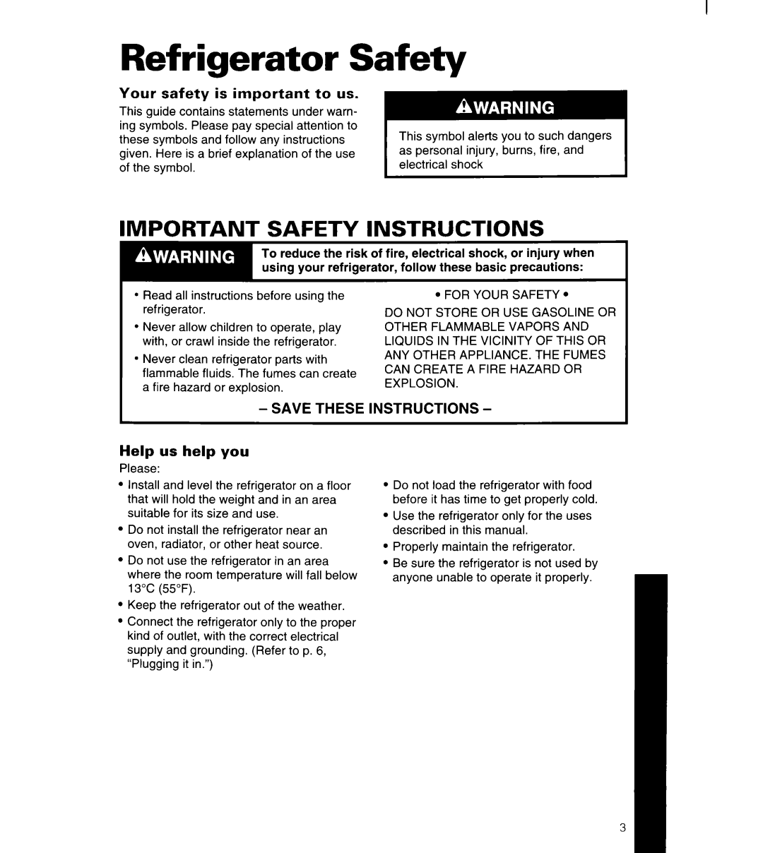 Whirlpool 4YED27DQDN00 manual Refrigerator Safety, Important Safety Instructions, Help us help you, Save These Instructions 