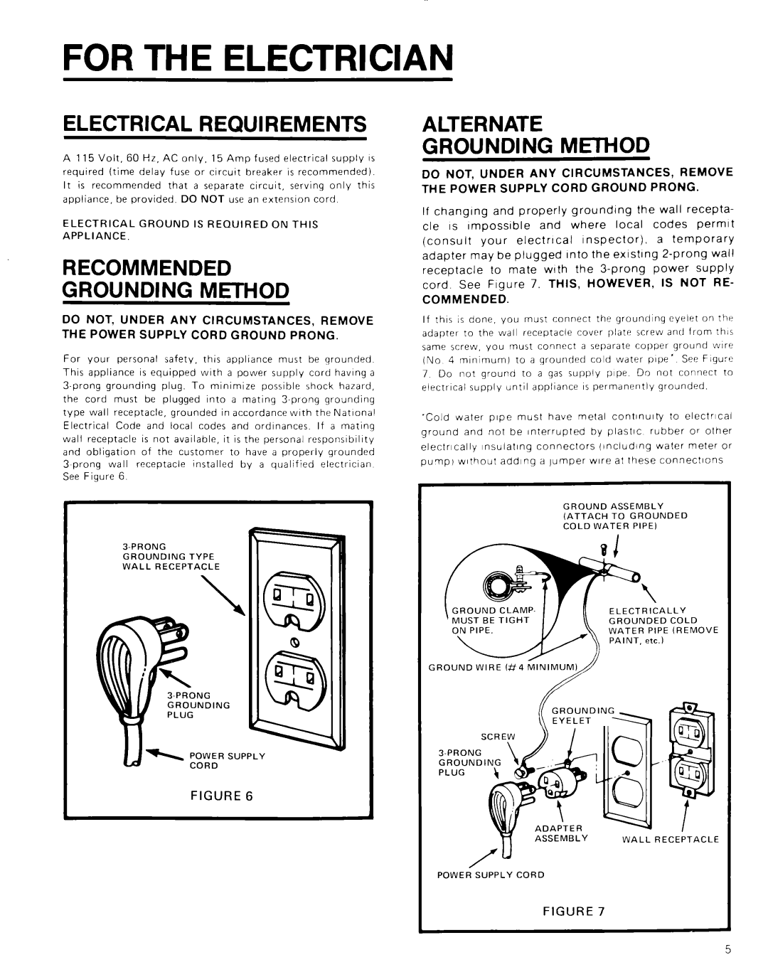 Whirlpool 50 manual For the Electrician, Electrical Requirements, Alternate Grounding Method, Recommended, Grounding MtHOD 