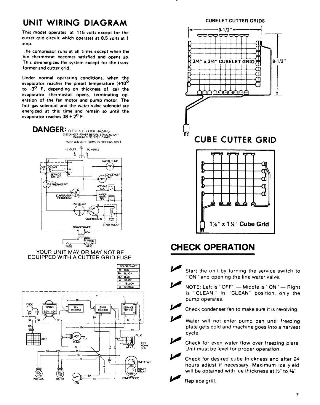 Whirlpool 50 manual Check Operation, Unit Wiring Diagram, Cube Cutter Grid, 1%” x 1%” Cube Grid ” 