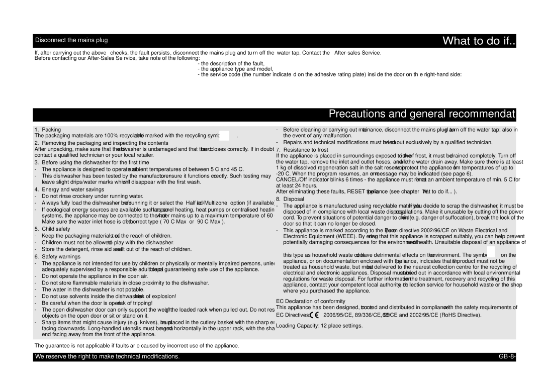 Whirlpool 5.0194E+11 manual What to do if, Precautions and general recommendations, Disconnect the mains plug 