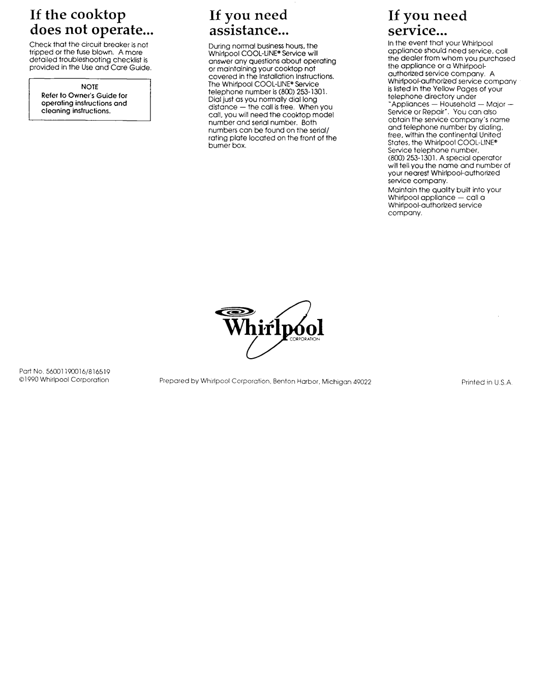 Whirlpool 56001190016/816519 installation instructions If the cooktop Does not operate 