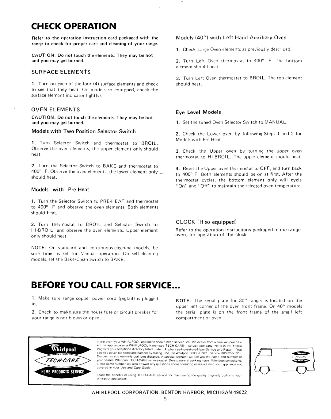 Whirlpool 56OSOLSPC5 816412 manual Operation, Before YOU Call for Service, Oven Elements 