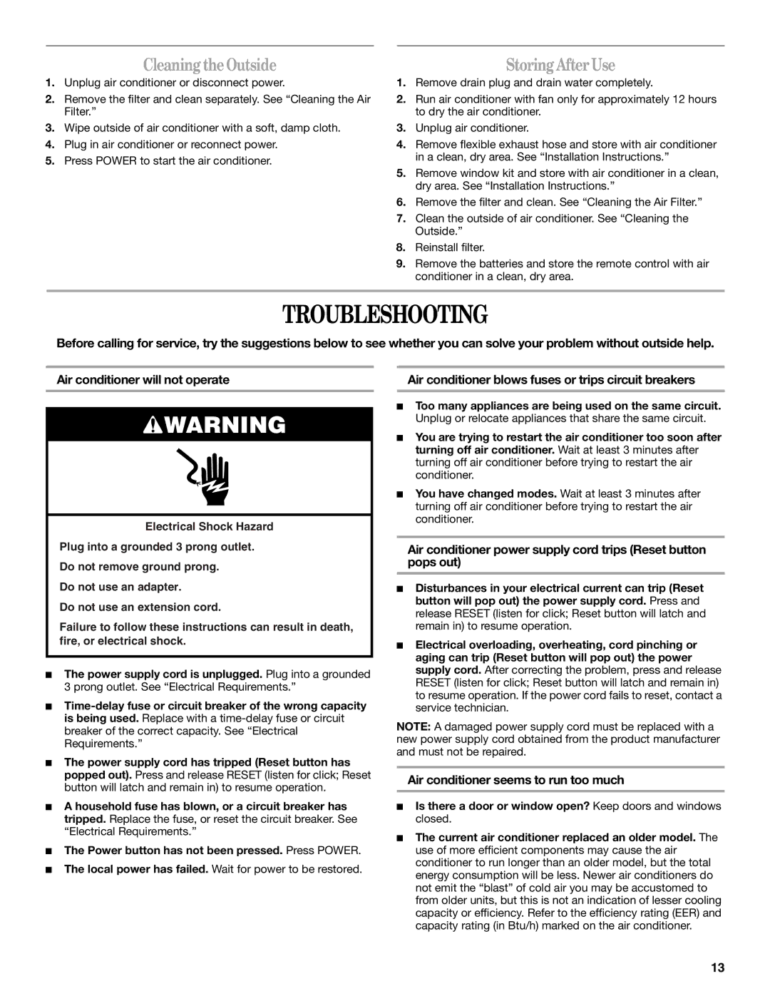 Whirlpool 66126277 manual Troubleshooting, CleaningtheOutside, Air conditioner seems to run too much 