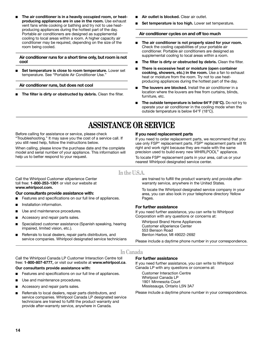 Whirlpool 66126277 manual Assistance or Service, Inthe U.S.A, Canada 