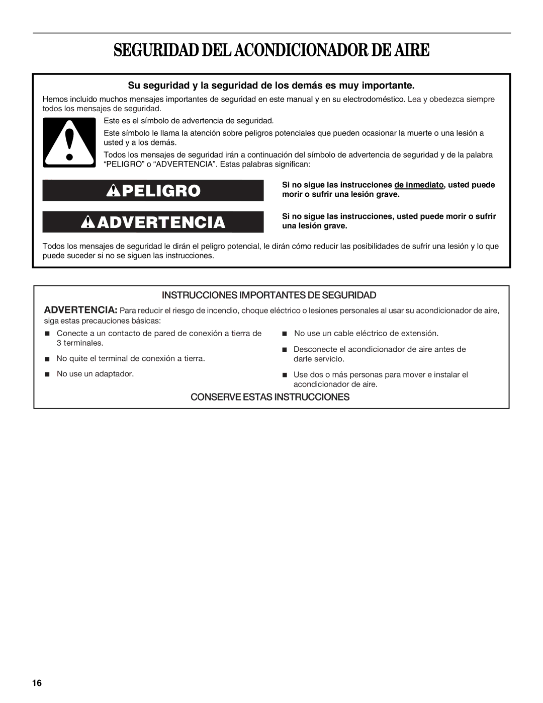 Whirlpool 66126277 manual Seguridad DEL Acondicionador DE Aire, Su seguridad y la seguridad de los demás es muy importante 