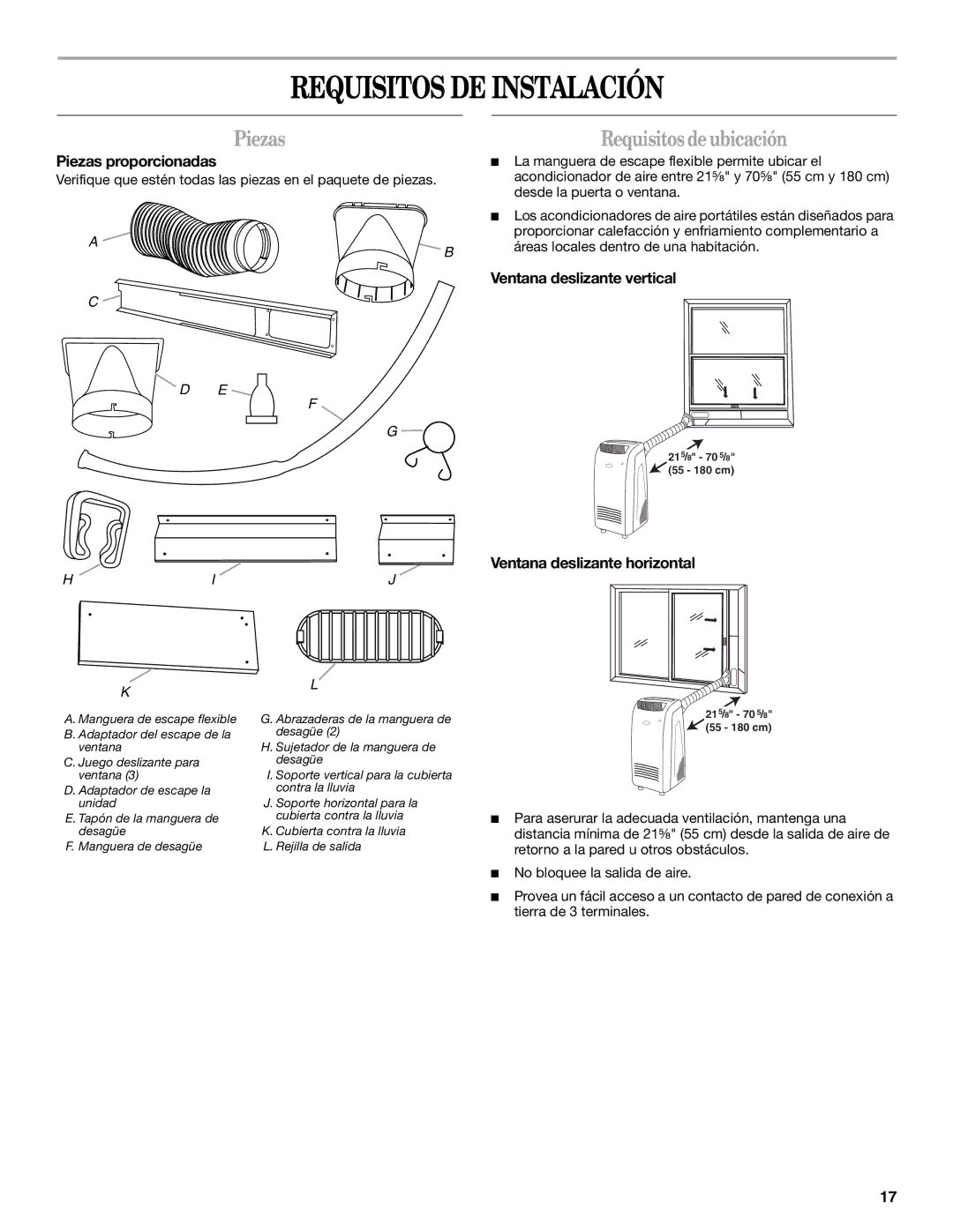 Whirlpool 66126277 manual Requisitos DE Instalación, Piezas, Requisitos deubicación 