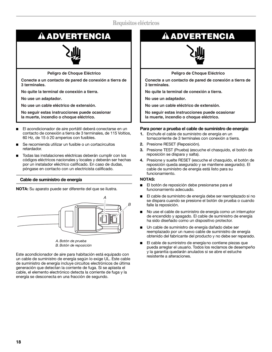 Whirlpool 66126277 manual Requisitos eléctricos, Cable de suministro de energía, Notas 