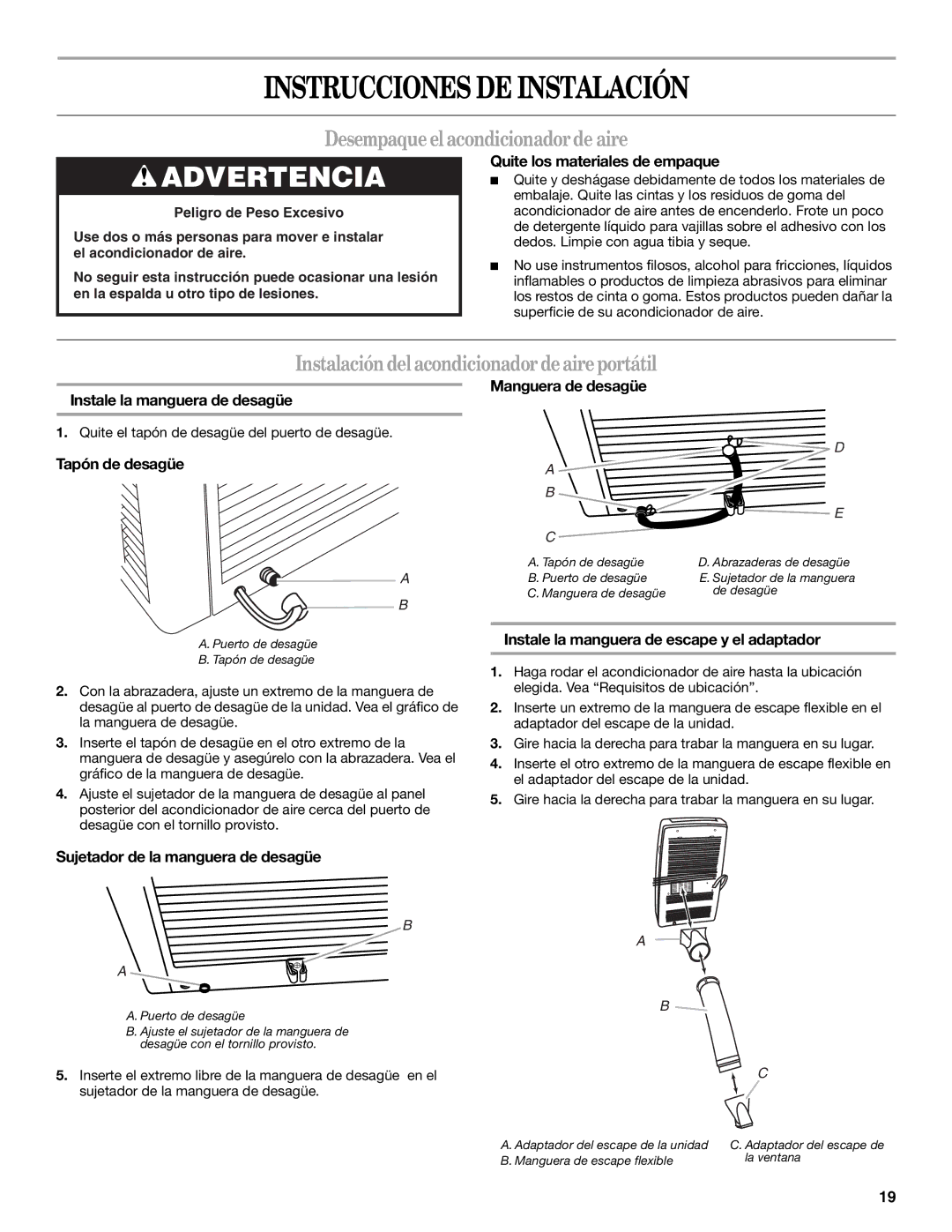 Whirlpool 66126277 manual Instrucciones DE Instalación, Desempaqueel acondicionadorde aire 