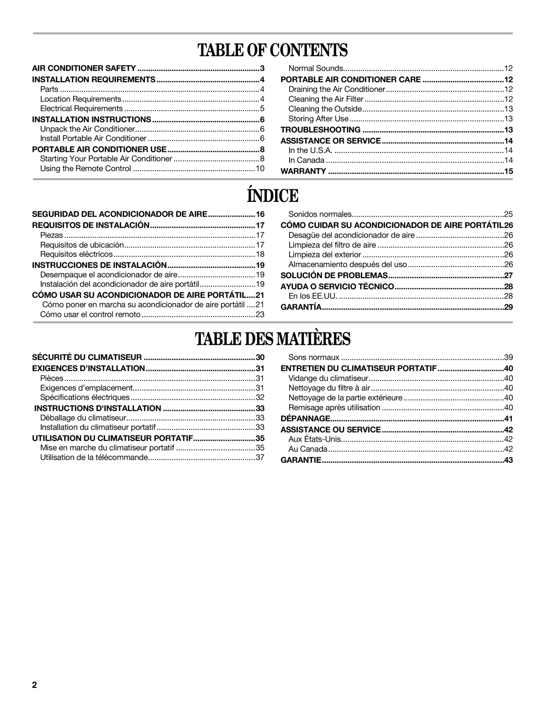 Whirlpool 66126277 manual Table of Contents, Índice, Table DES Matières 