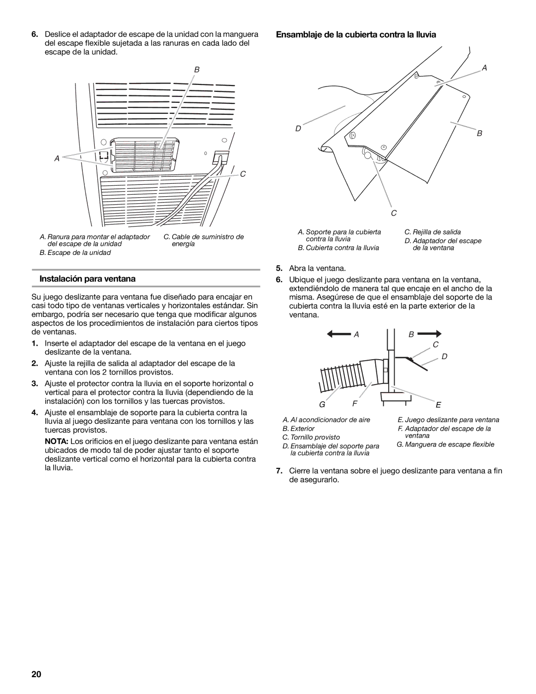 Whirlpool 66126277 manual Ensamblaje de la cubierta contra la lluvia, Instalación para ventana 