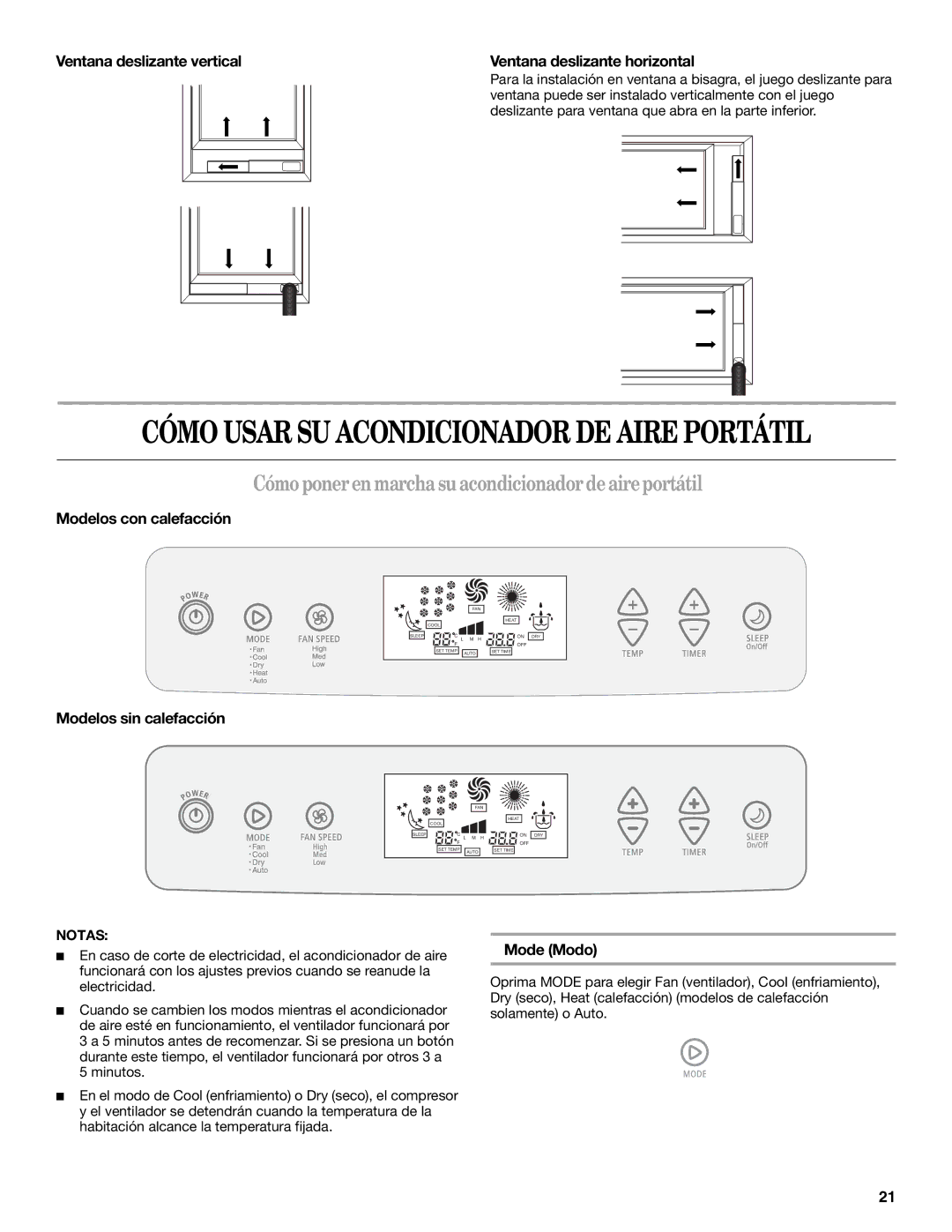 Whirlpool 66126277 manual Cómoponerenmarchasu acondicionadordeaireportátil, Modelos con calefacción Modelos sin calefacción 