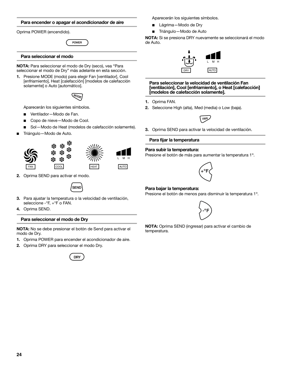 Whirlpool 66126277 manual Para encender o apagar el acondicionador de aire, Para seleccionar el modo 