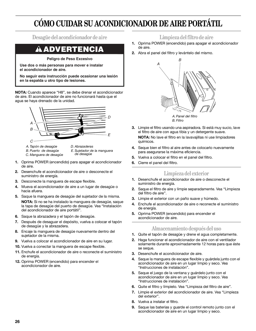 Whirlpool 66126277 manual Desagüedelacondicionadordeaire, Limpiezadel filtrodeaire, Limpiezadel exterior 