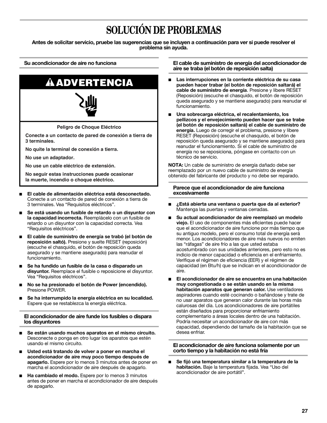 Whirlpool 66126277 manual Solución DE Problemas, Parece que el acondicionador de aire funciona excesivamente 