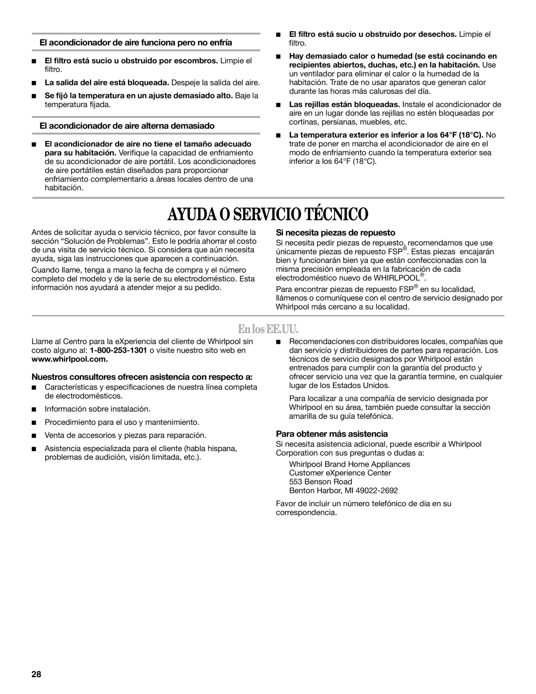 Whirlpool 66126277 manual Ayuda O Servicio Técnico, En los EE.UU 