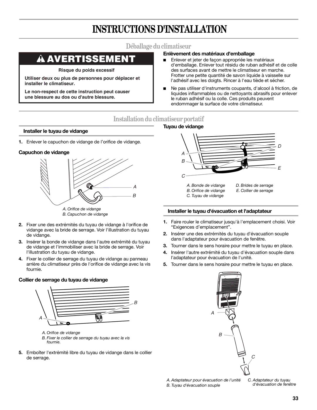 Whirlpool 66126277 manual Instructions Dinstallation, Déballagedu climatiseur, Installation duclimatiseurportatif 