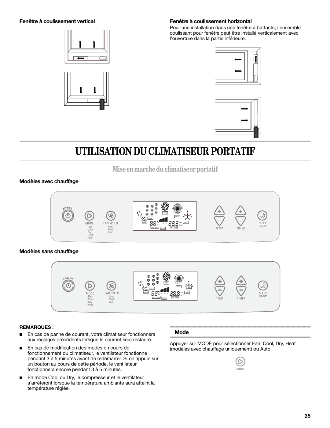 Whirlpool 66126277 manual Utilisation DU Climatiseur Portatif, Miseen marcheduclimatiseurportatif 