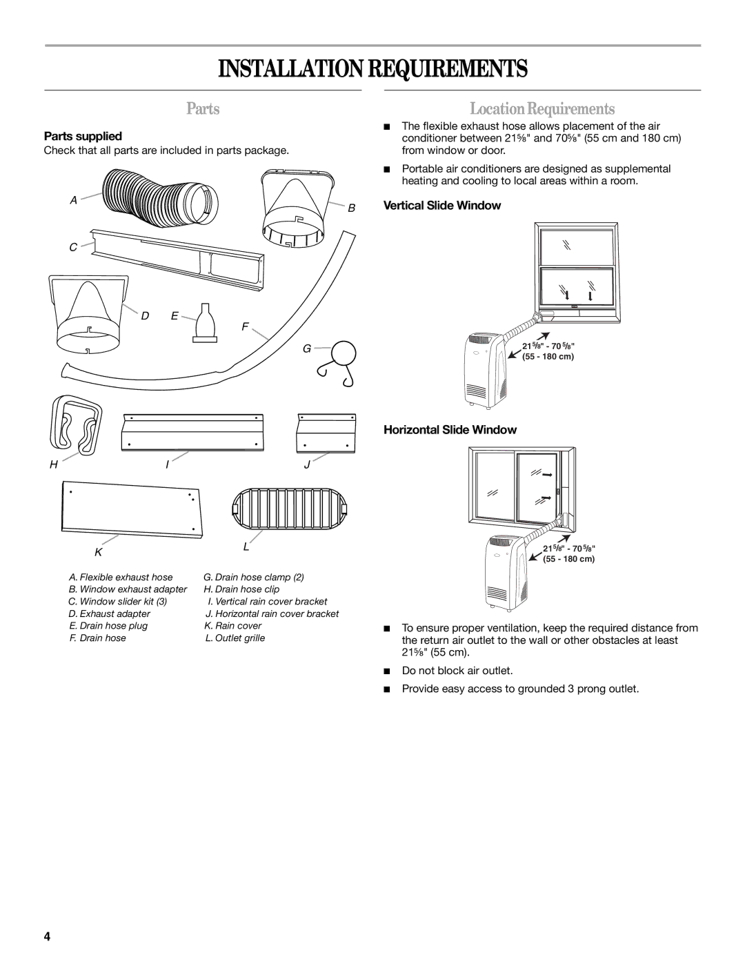 Whirlpool 66126277 manual Installation Requirements, Parts supplied, Vertical Slide Window, Horizontal Slide Window 