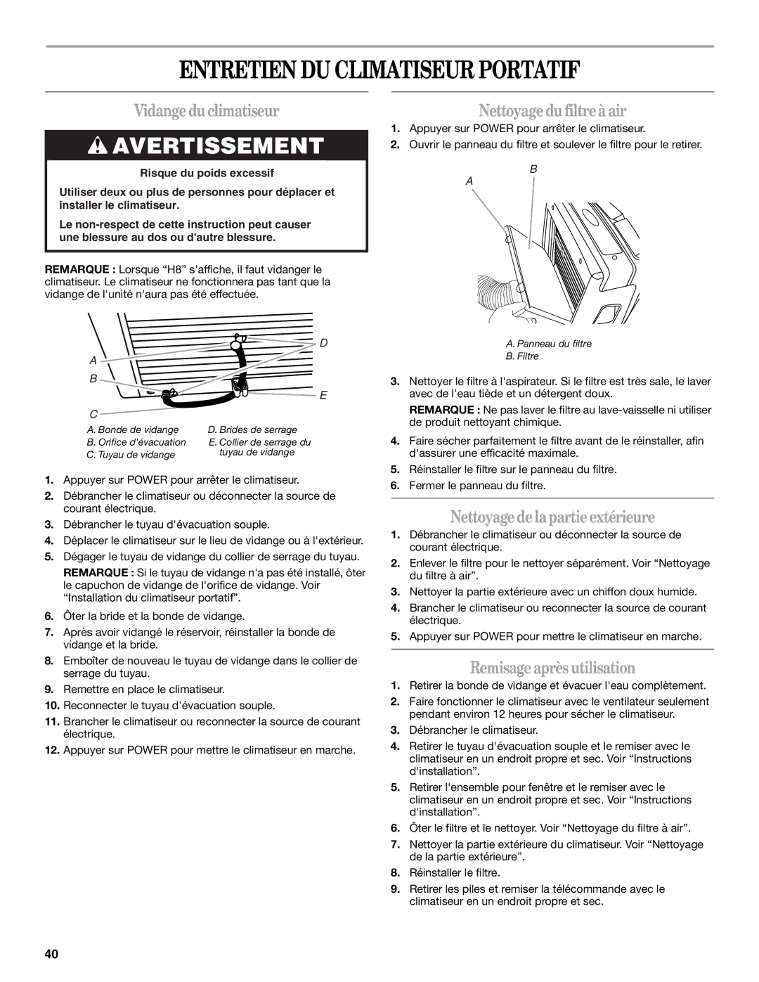 Whirlpool 66126277 manual Entretien DU Climatiseur Portatif, Vidangeduclimatiseur, Nettoyagedufiltreàair 