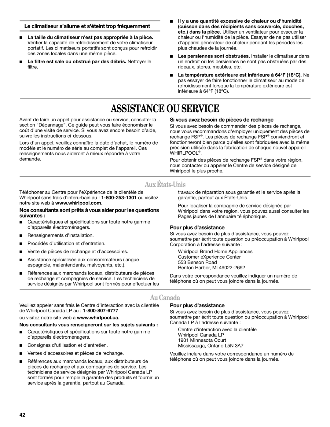 Whirlpool 66126277 manual Assistance OU Service, AuxÉtats-Unis, AuCanada 