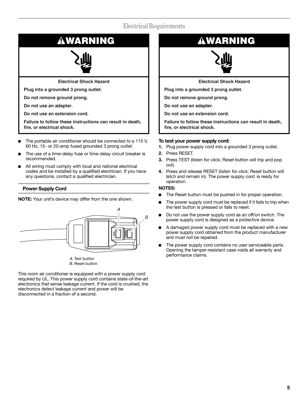 Whirlpool 66126277 manual ElectricalRequirements, Power Supply Cord, To test your power supply cord 