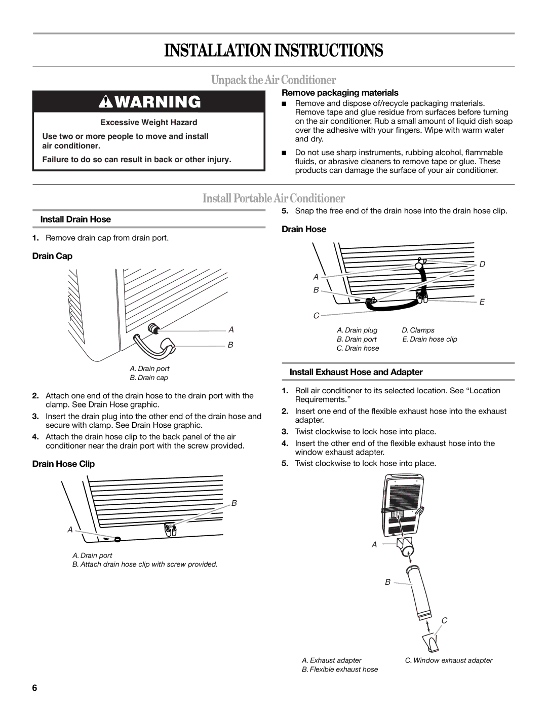 Whirlpool 66126277 manual Installation Instructions, UnpacktheAirConditioner, Install PortableAirConditioner 