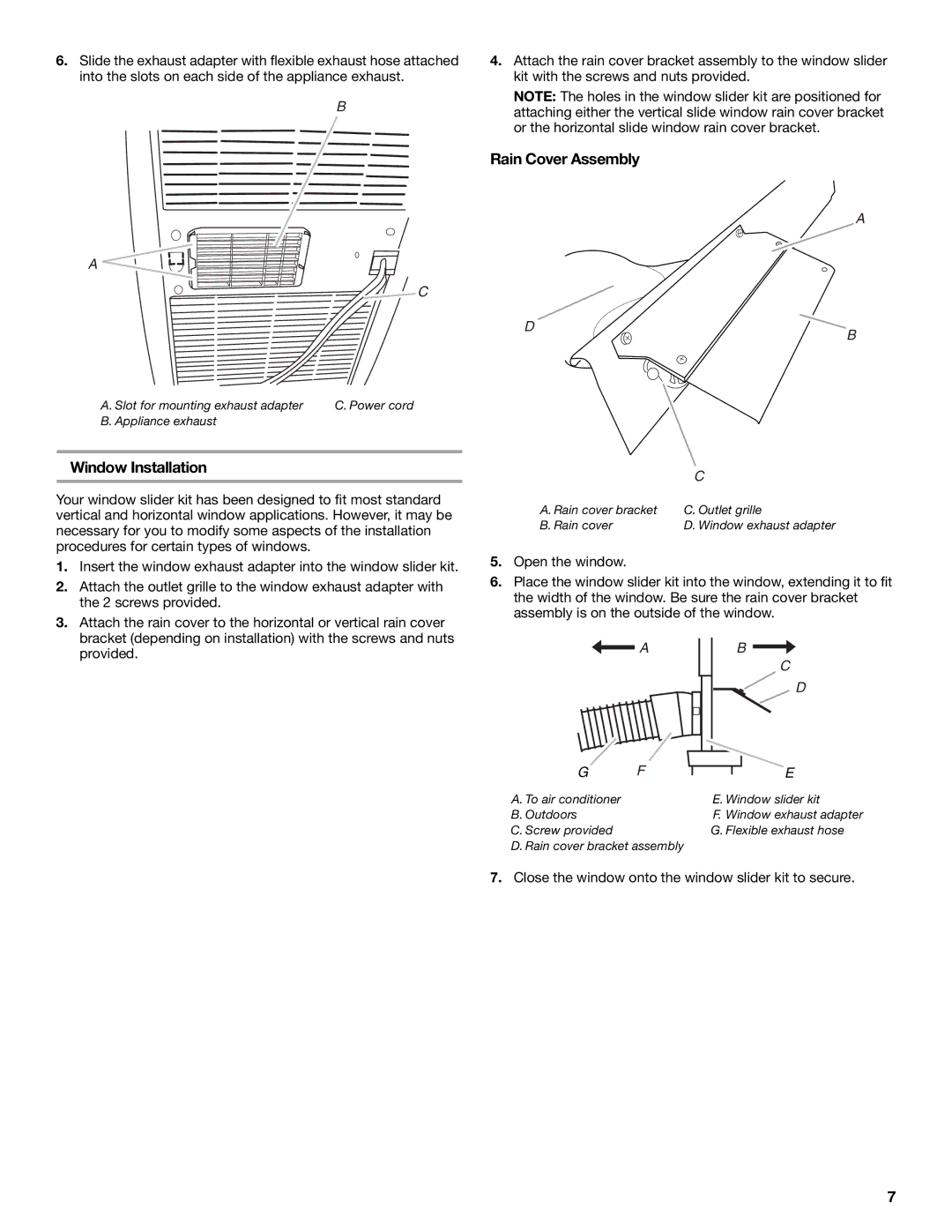 Whirlpool 66126277 manual Rain Cover Assembly, Window Installation 