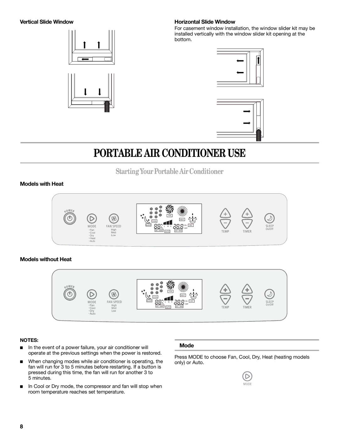 Whirlpool 66126277 Portable AIR Conditioner USE, StartingYourPortable AirConditioner, Models with Heat Models without Heat 