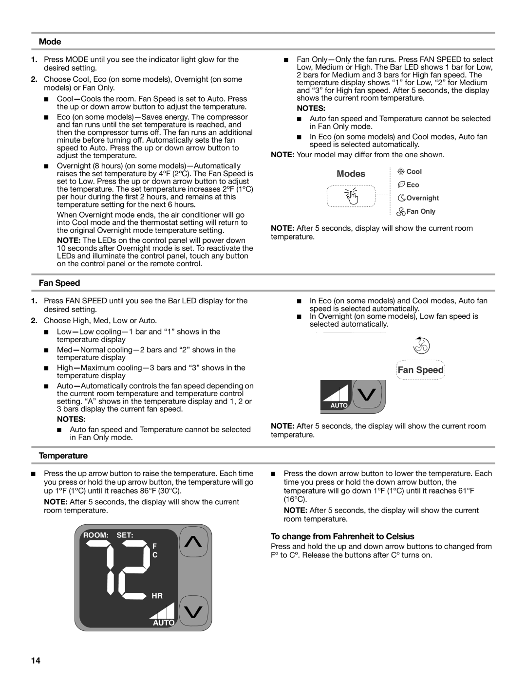 Whirlpool 66161279 manual Mode, Fan Speed, Temperature, To change from Fahrenheit to Celsius 