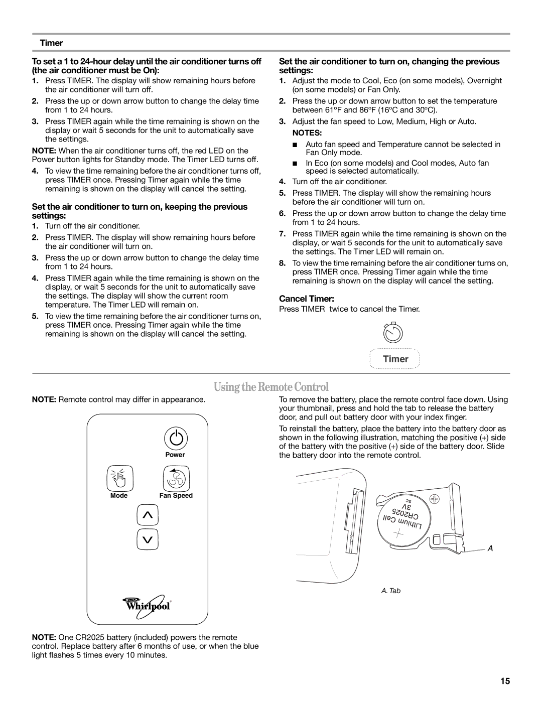 Whirlpool 66161279 manual Using the Remote Control, Cancel Timer 