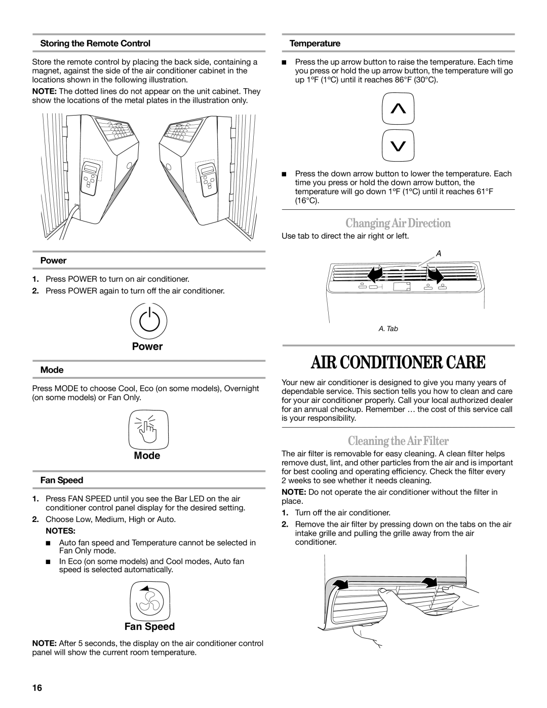 Whirlpool 66161279 manual AIR Conditioner Care, Changing Air Direction, Cleaning the Air Filter, Storing the Remote Control 