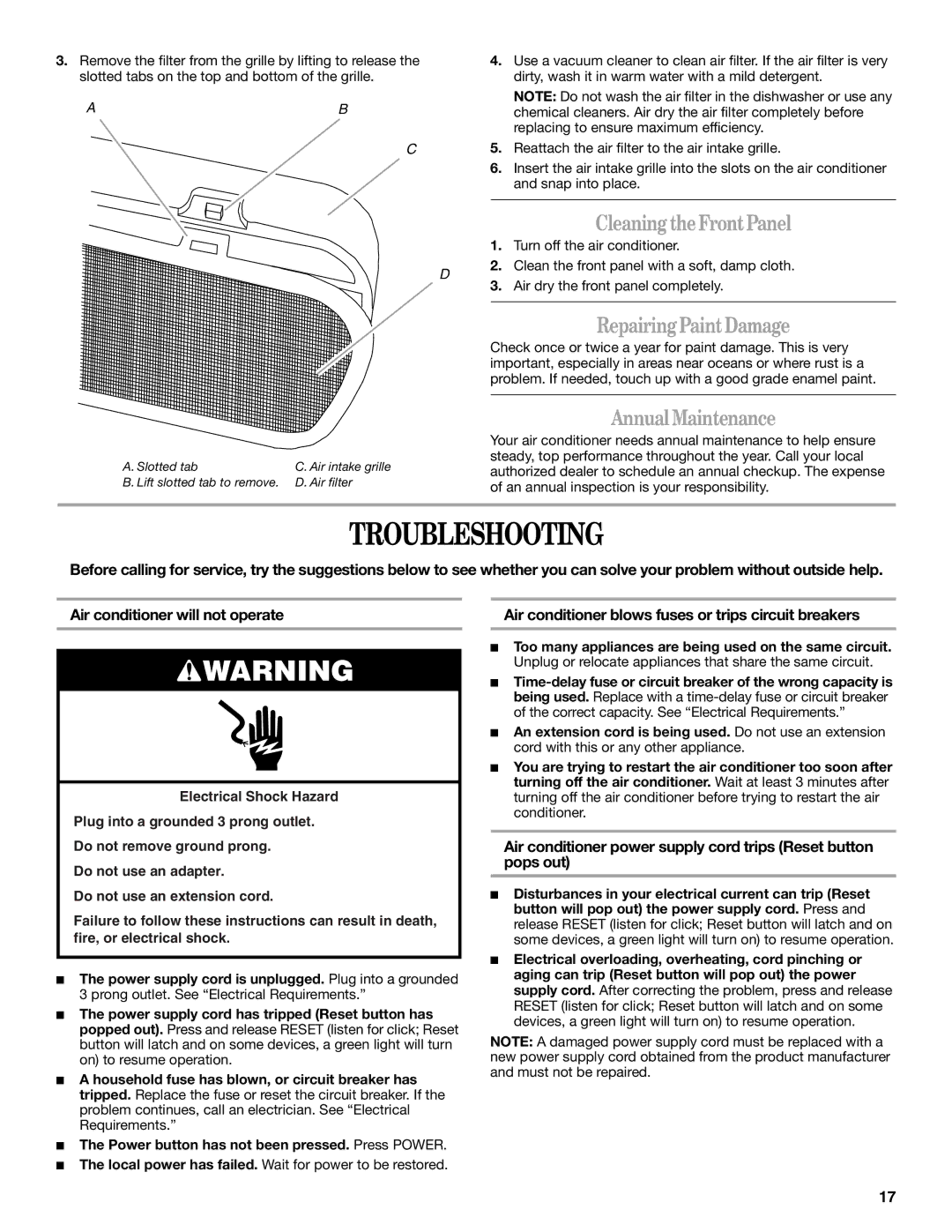 Whirlpool 66161279 manual Troubleshooting, Cleaning the Front Panel, Repairing Paint Damage, Annual Maintenance 