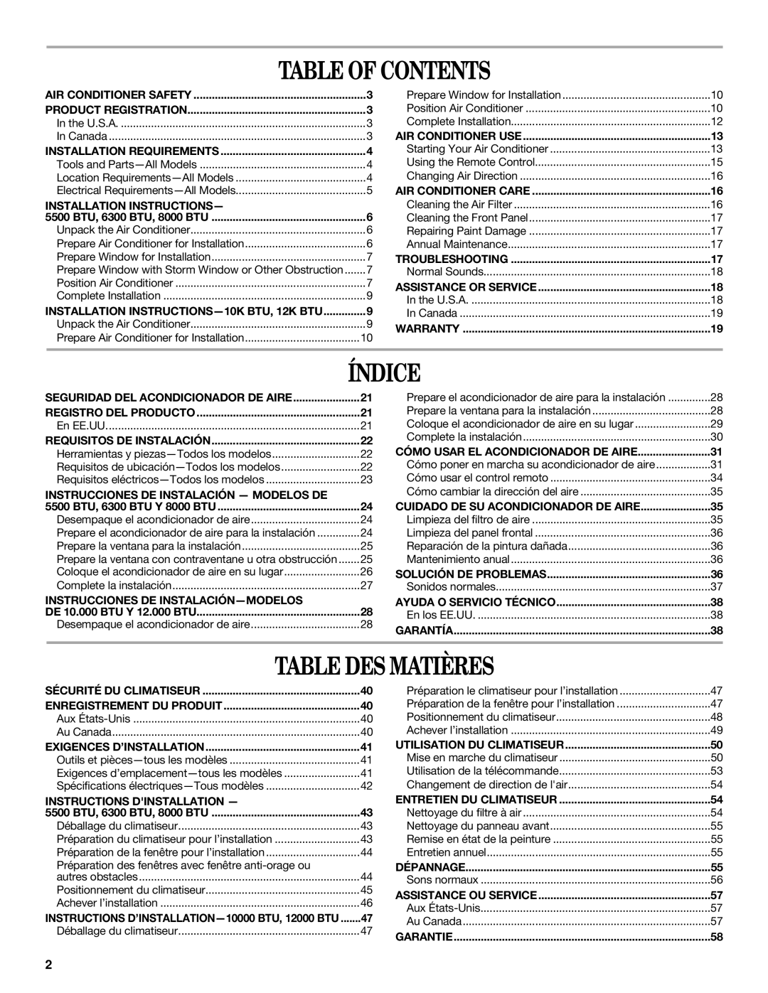 Whirlpool 66161279 manual Table of Contents, Índice, Table DES Matières 