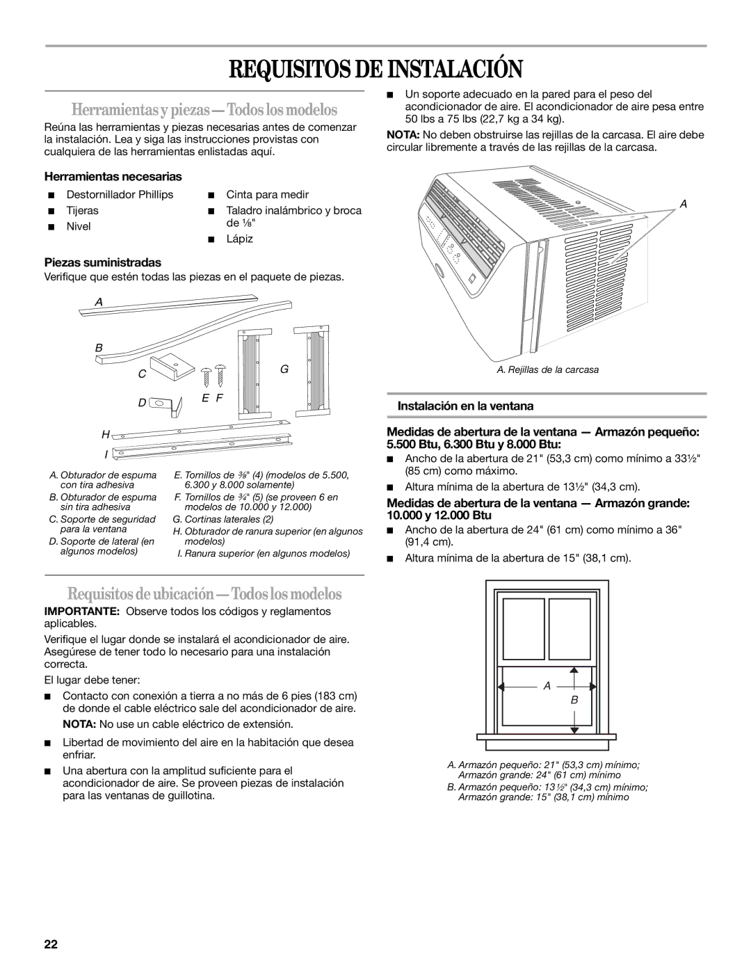 Whirlpool 66161279 manual Requisitos DE Instalación, Requisitos de ubicación- Todos los modelos, Herramientas necesarias 