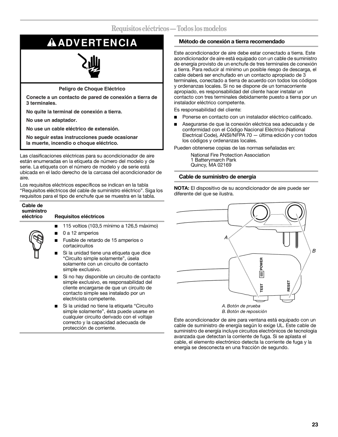 Whirlpool 66161279 manual Requisitos eléctricos Todos los modelos, Método de conexión a tierra recomendado 