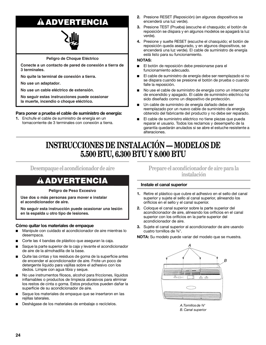 Whirlpool 66161279 manual Desempaque el acondicionador de aire, Prepareel acondicionador de aire para la Instalación 