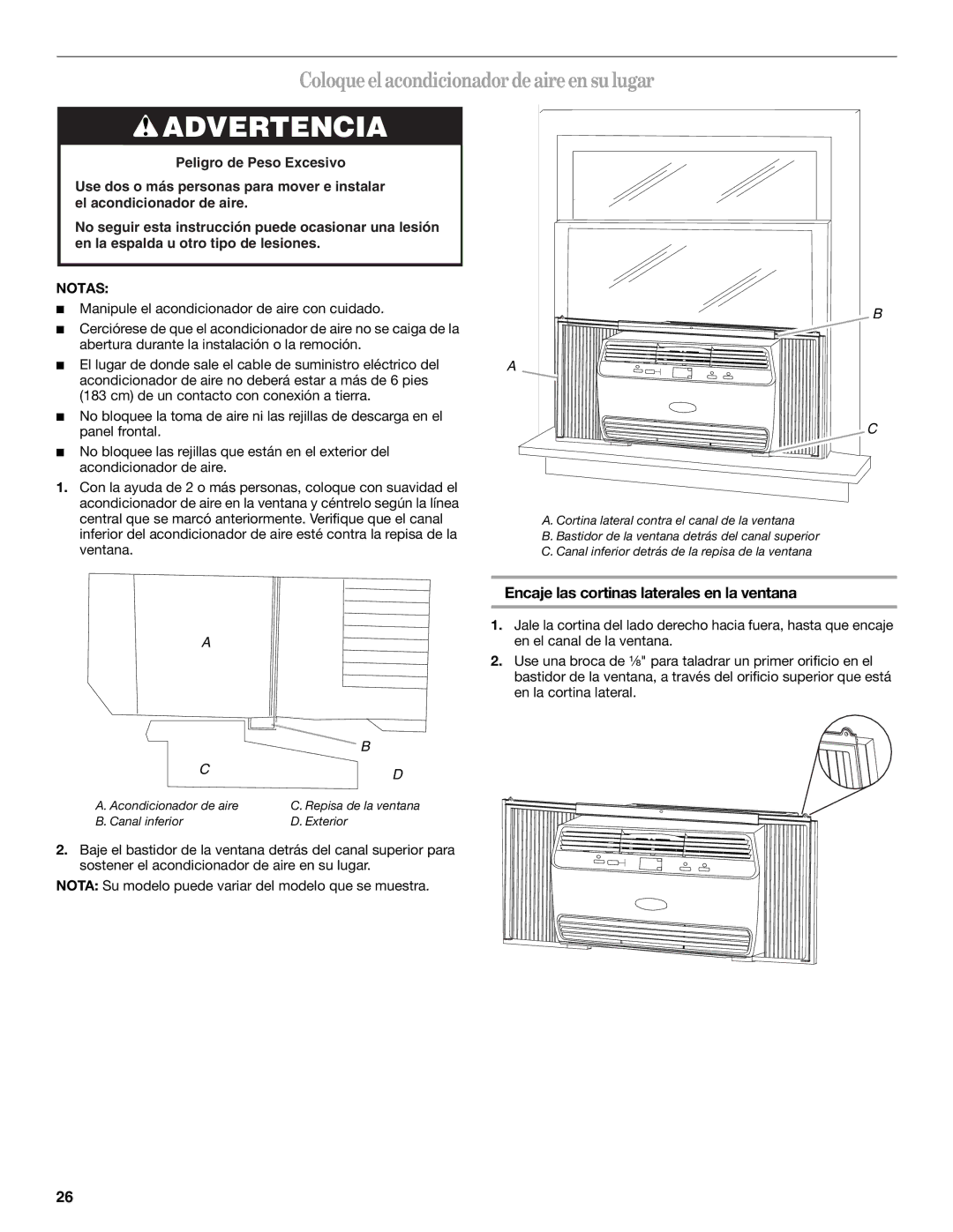 Whirlpool 66161279 manual Coloque el acondicionador de aire ensu lugar, Encaje las cortinas laterales en la ventana 