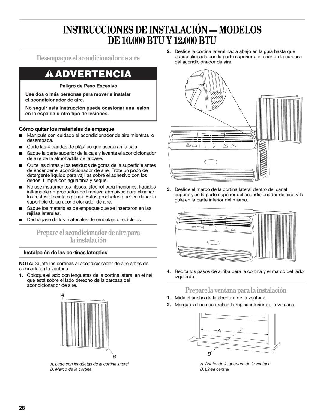 Whirlpool 66161279 manual Instrucciones DE Instalación Modelos, Prepare el acondicionador de aire para La instalación 