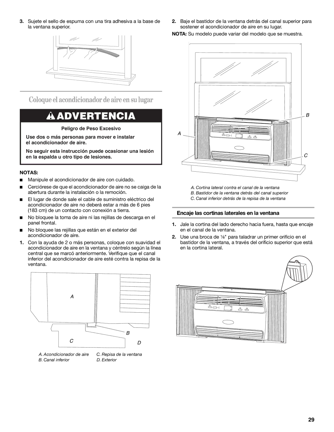 Whirlpool 66161279 manual Coloque el acondicionador de aireen su lugar 