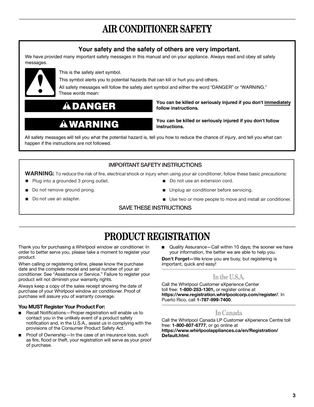 Whirlpool 66161279 AIR Conditioner Safety, Product Registration, Inthe U.S.A InCanada, You Must Register Your Product For 