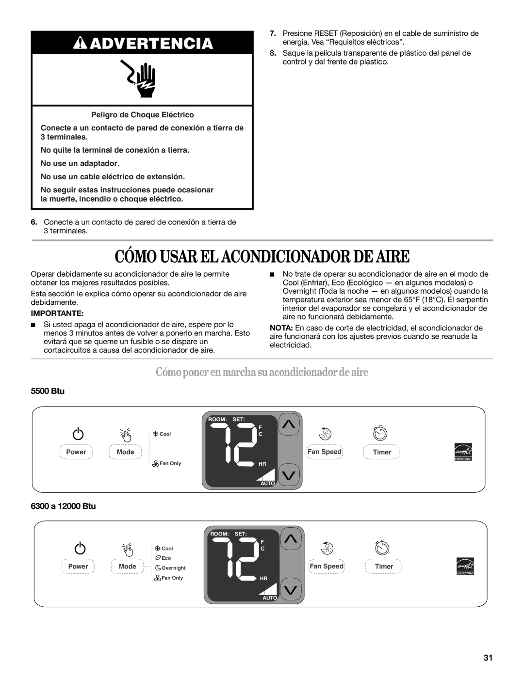 Whirlpool 66161279 Cómo Usar EL Acondicionador DE Aire, Cómo poner en marcha su acondicionador de aire, 6300 a 12000 Btu 