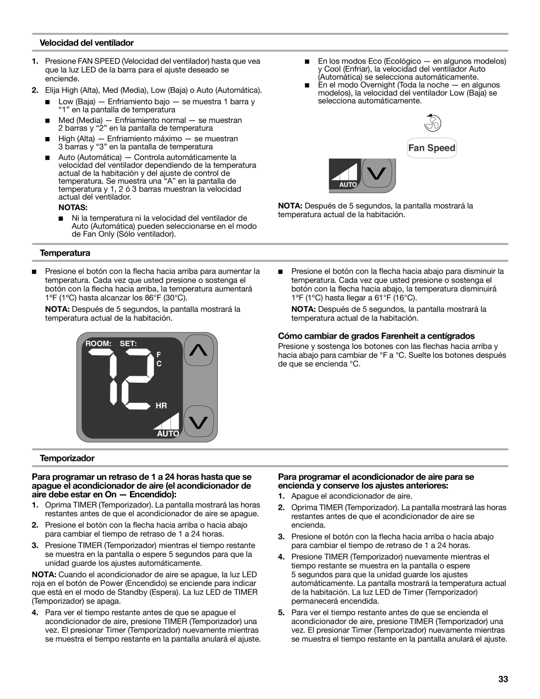 Whirlpool 66161279 Velocidad del ventilador, Temperatura, Temporizador, Cómo cambiar de grados Farenheit a centígrados 