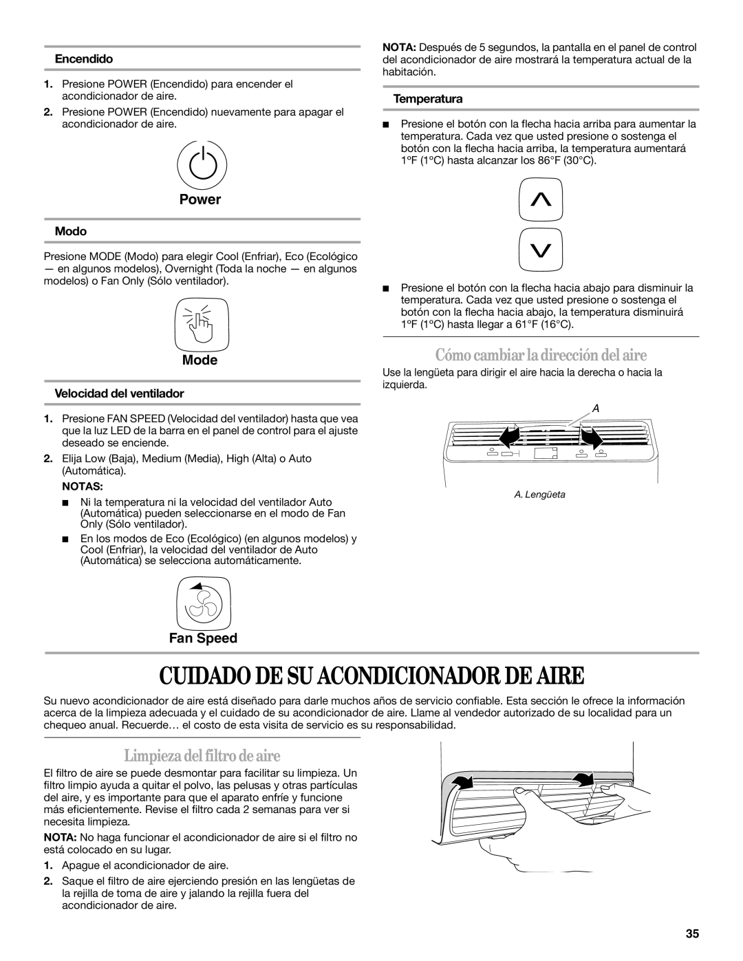 Whirlpool 66161279 Cuidado DE SU Acondicionador DE Aire, Cómo cambiar la dirección del aire, Limpieza del filtro de aire 