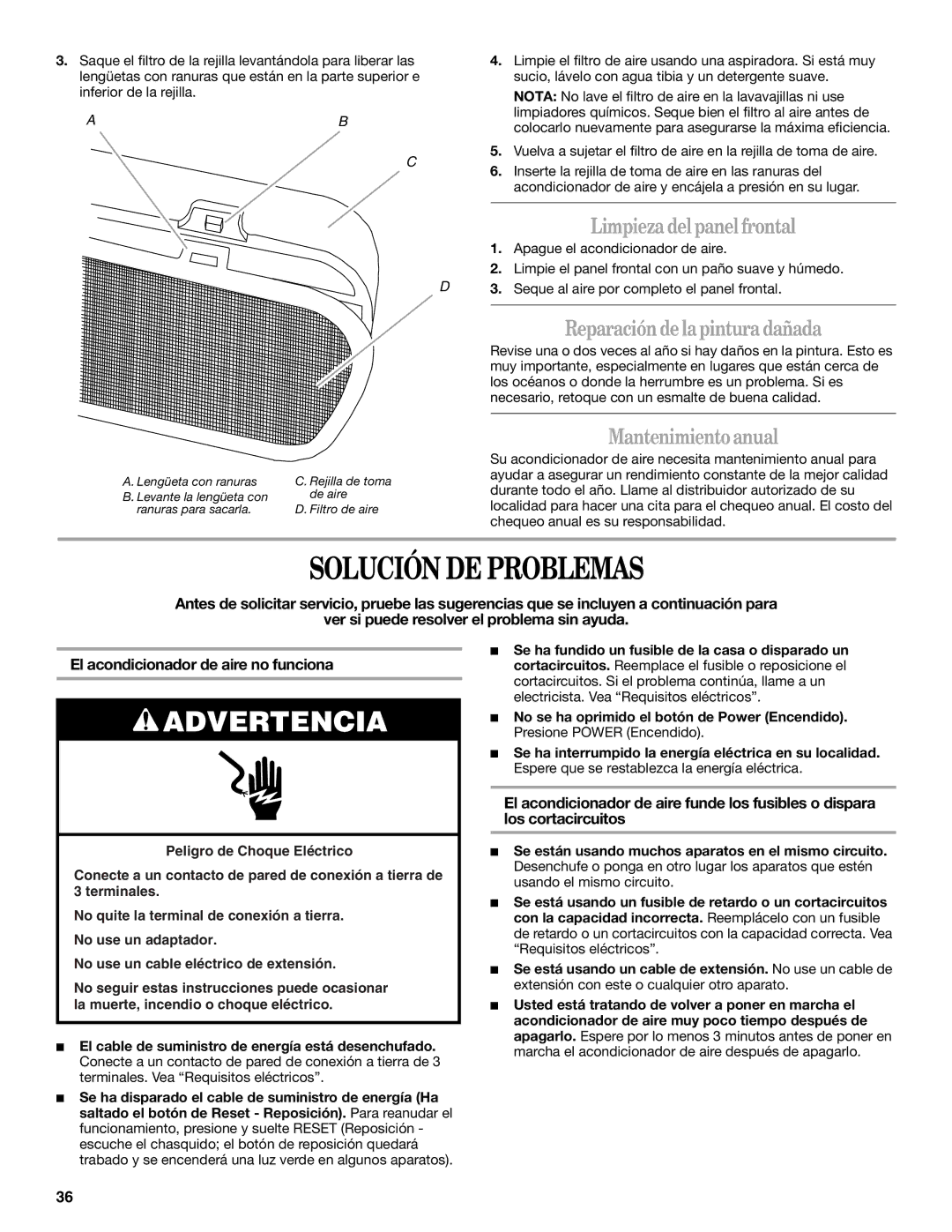 Whirlpool 66161279 Solución DE Problemas, Limpieza del panel frontal, Reparación de la pintura dañada, Mantenimiento anual 