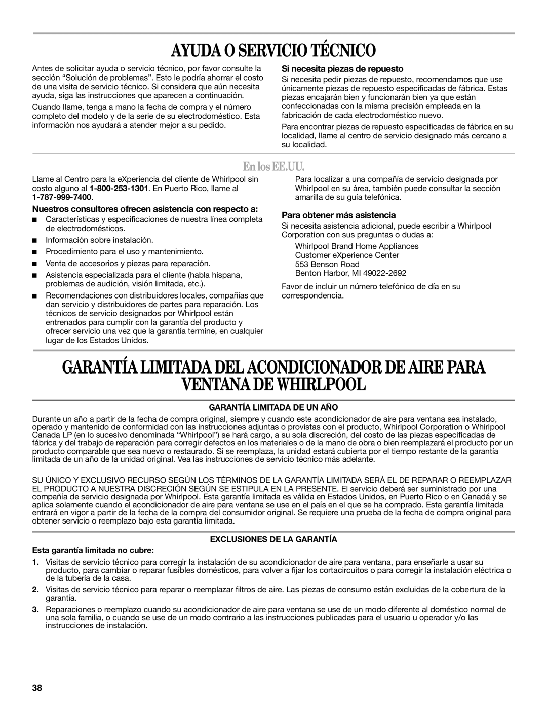 Whirlpool 66161279 manual Ayuda O Servicio Técnico, Ventana DE Whirlpool, En los EE.UU 