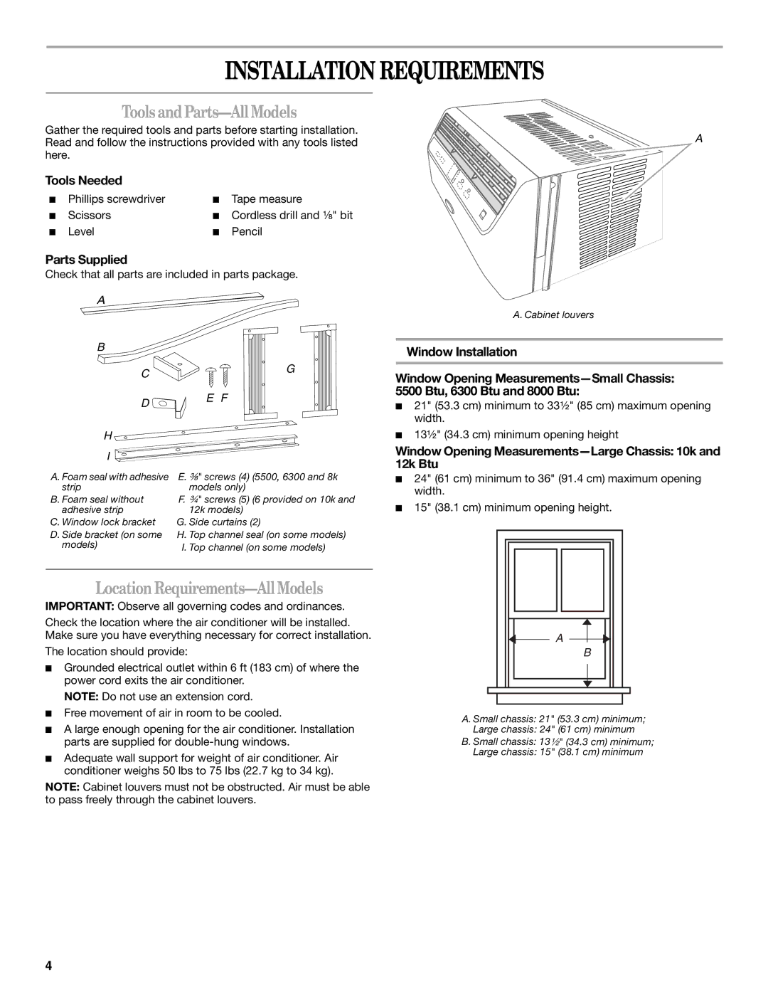 Whirlpool 66161279 manual Installation Requirements, Tools and Parts-All Models, Location Requirements-All Models 