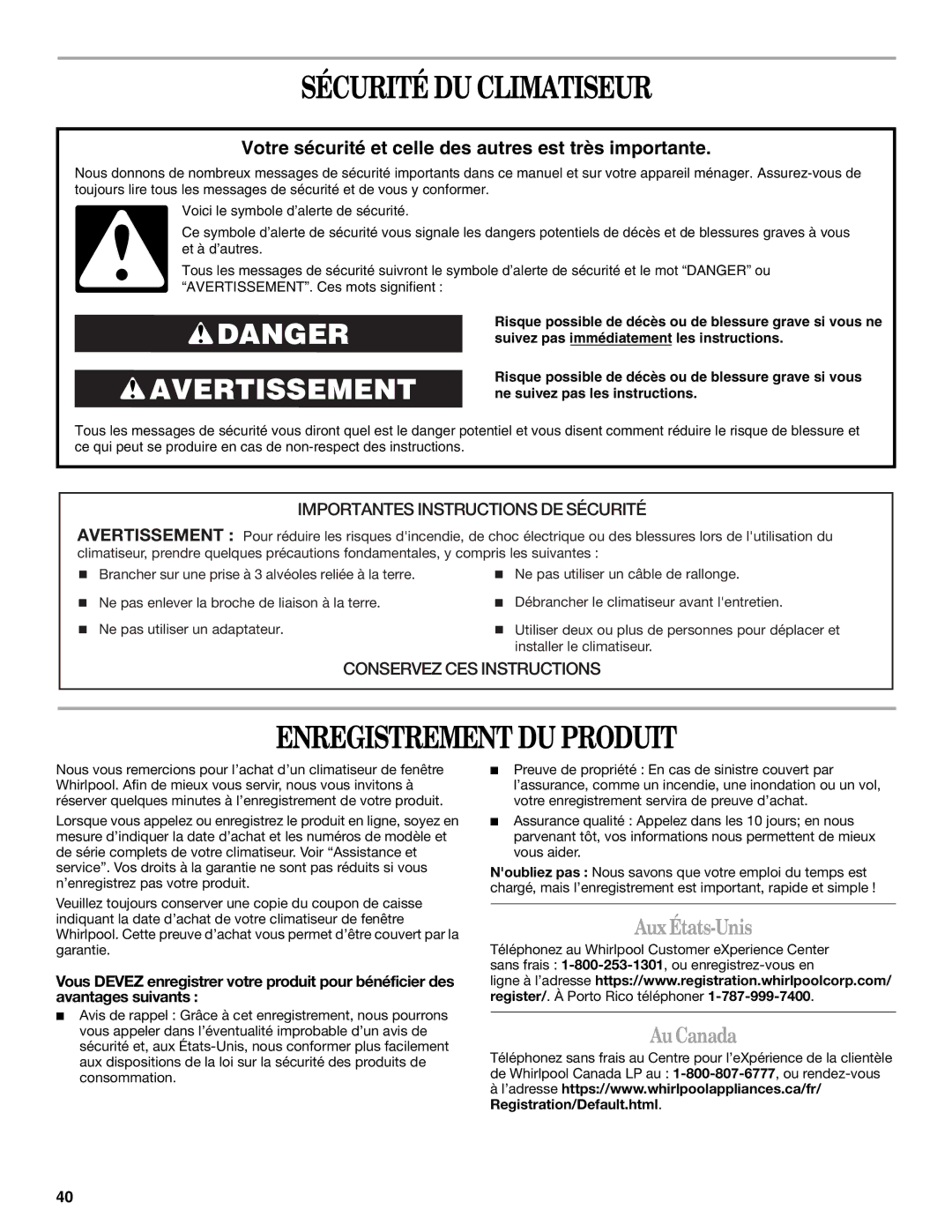 Whirlpool 66161279 manual Sécurité DU Climatiseur, Enregistrement DU Produit, Aux États-Unis, Au Canada 