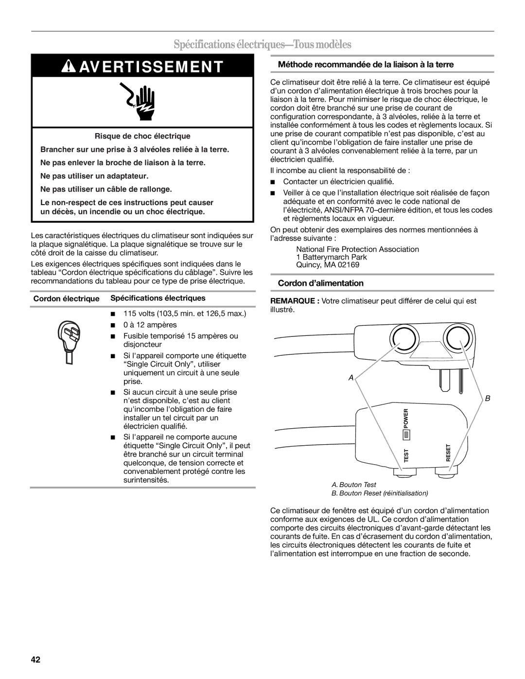 Whirlpool 66161279 manual Spécifications électriques-Tous modèles, Méthode recommandée de la liaison à la terre 