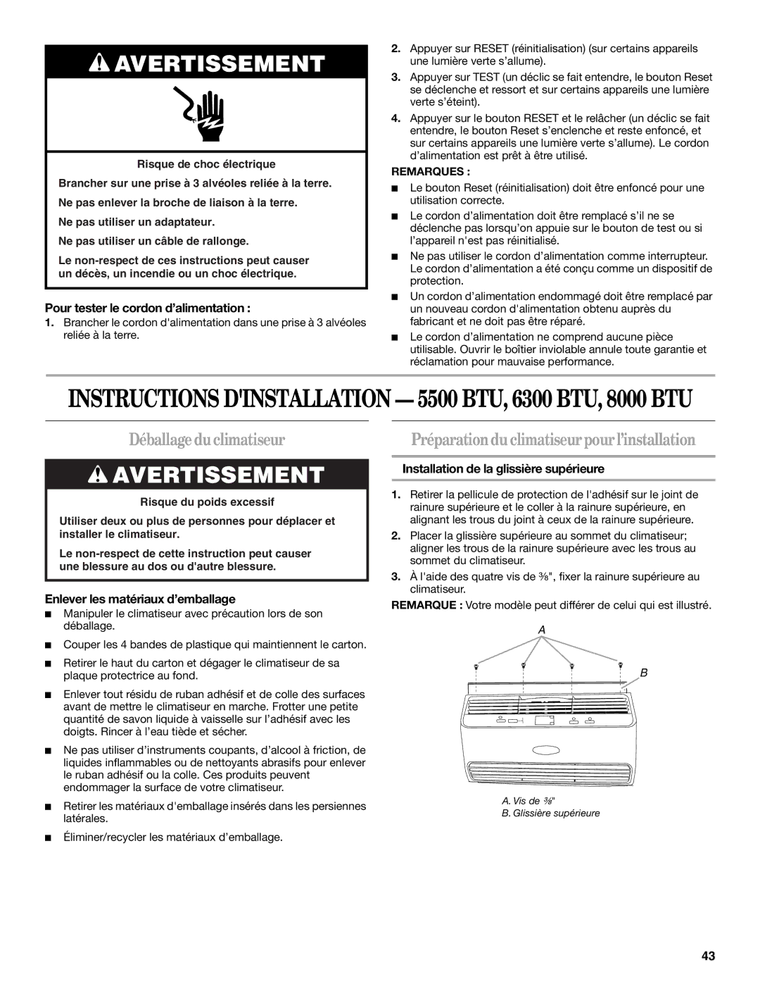 Whirlpool 66161279 manual Déballage duclimatiseur, Préparationdu climatiseur pour l’installation 