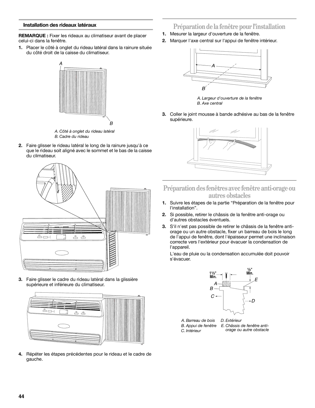 Whirlpool 66161279 Préparation de la fenêtre pour l’installation, Autres obstacles, Installation des rideaux latéraux 